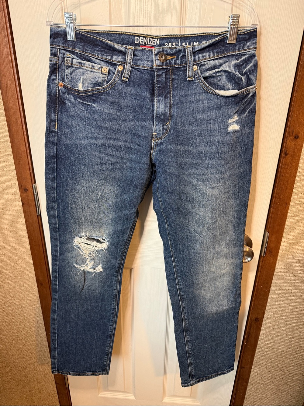Denizen from Levi's Mens Slim Distressed Jeans in Dark Blue Wash